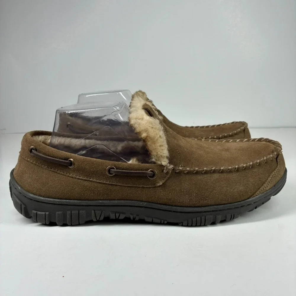 Clarks Men's US 12M Brown Suede Faux Fur Lined Venetian Moccasin House Slippers